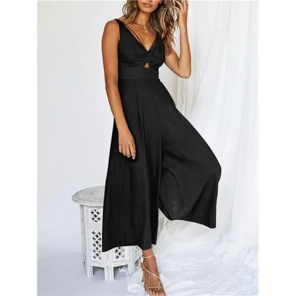 Women's Summer Wide Leg Linen Jumpsuit V Neck Sleeveless Casual Pants Romper
